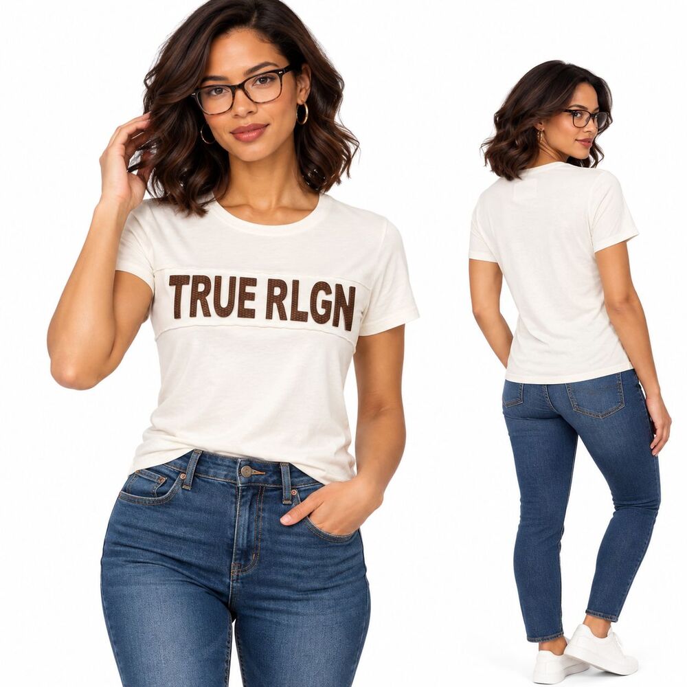 True Religion Women's Size Medium White Brown Logo Graphic Short Sleeve T-Shirt